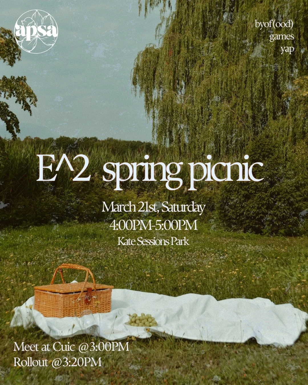 Join us for a sunset picnic at Kate Sessions Park! 🌅🧺

📅 Saturday, March 21st
⏰ 4&ndash;5 PM

🚴&zwj;♂️ Need a ride?
Rollout from CUIC at 3 PM (leaving by 3:20 PM)

Bring your own food + blanket, we&rsquo;ll provide water &amp; snacks 🥨💧

💌 Ope