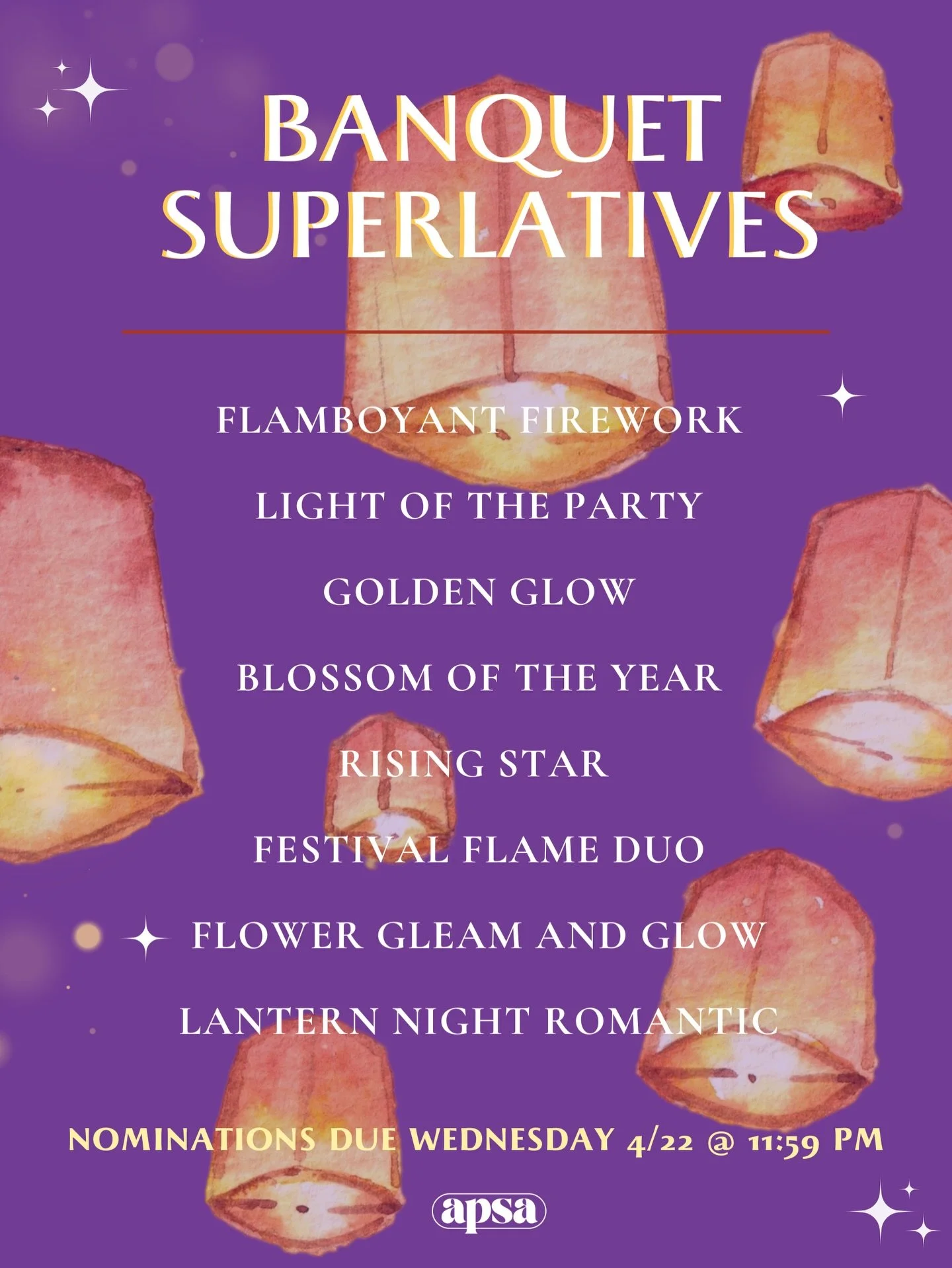 Shine a light on your fellow GBMers!! 🏮
Vote for the superlative that best applies to APSA&rsquo;s GBMers! Our most voted candidates will be awarded at Banquet on Saturday, April 25th. Cast your votes in our LinkTree under Banquet &lsquo;26 GBMer Su