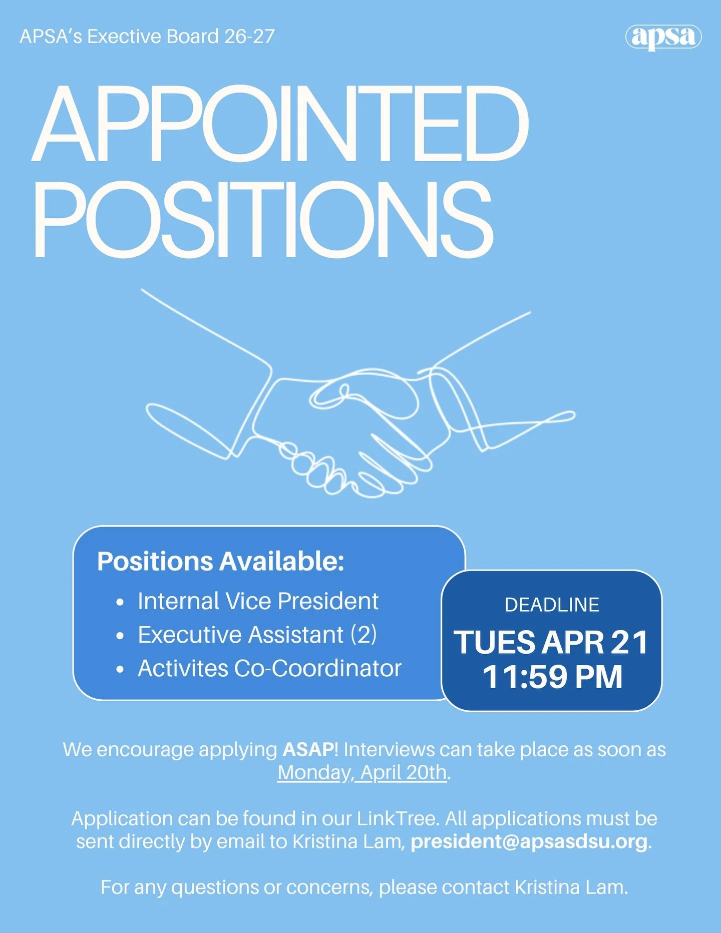 APSA&rsquo;s Appointed Officer Applications for the 2026-2027 year are open!

If you are interested in joining APSA&rsquo;s Executive Board next year, feel free to apply for the appointed positions, as well as the vacant officer positions:
- Internal