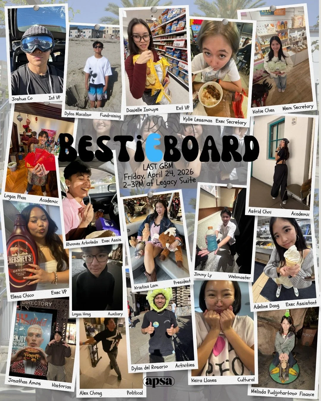 Peace out ✌️
APSA&rsquo;s LAST GBM of the school year is this Friday, April 24, at Legacy Suite from 2-3PM.

We&rsquo;re finishing off with one last MOW, introducing our very NEW political shirt, and saying our last goodbyes with some surprises 😏.

