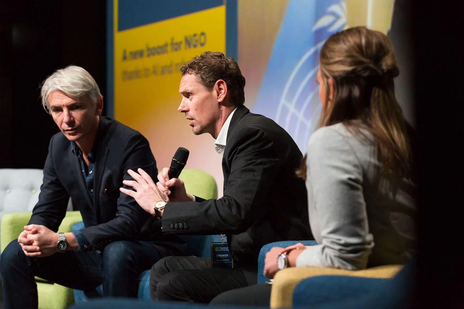 A new boost for NGO thanks to AI & robots. Jean-François Riffaud - Communication Director of ACF (Action Contre la Faim), Irakli Beridze - Head of AI at United Nations, Jesse Arlen Smith - Founder of AI for Good, Founder of JohnnyFive AI, Jennifer Pilat - Executive Director at HUMaiN