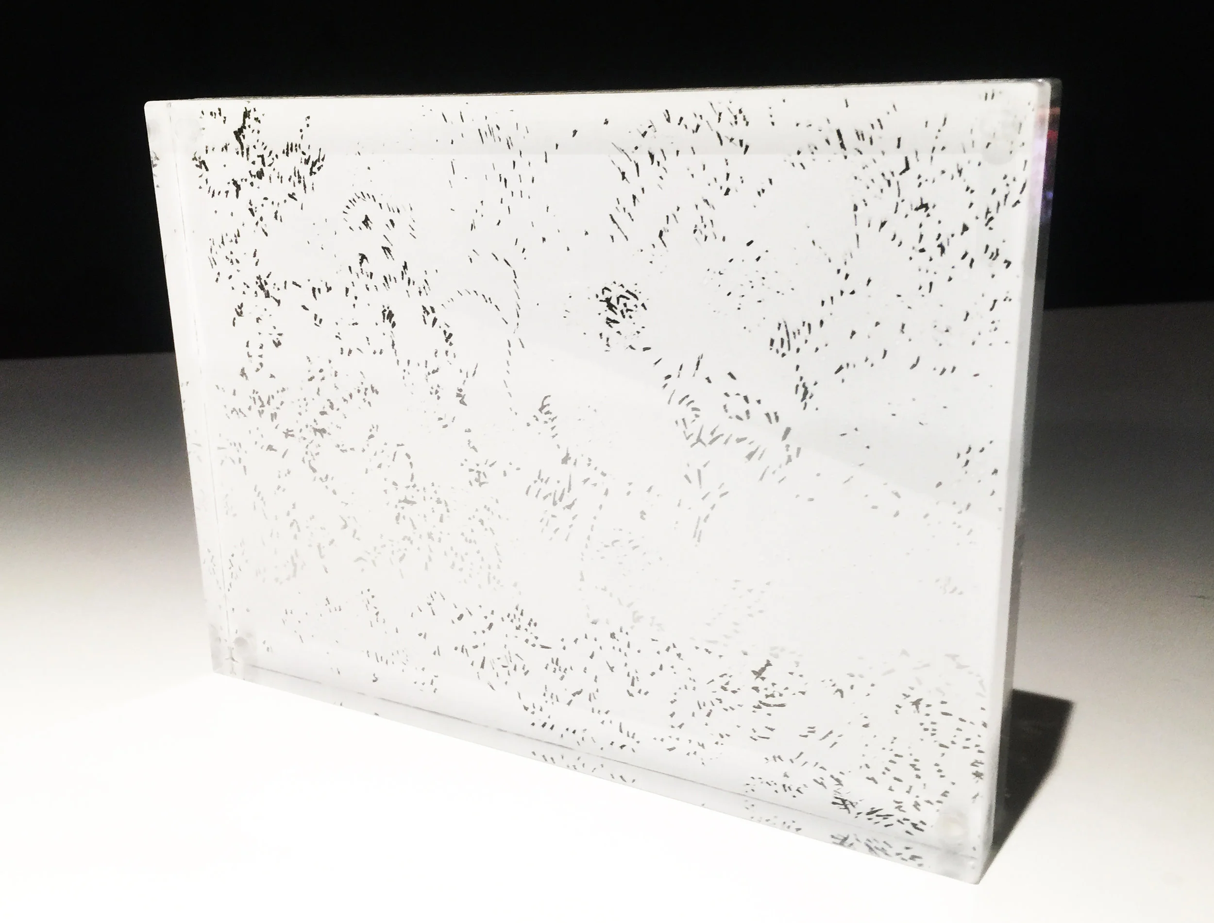 Vestigium Pulvis [wr] / 2012 / Etched acrylic, paint / 75 x 75 x 20mm