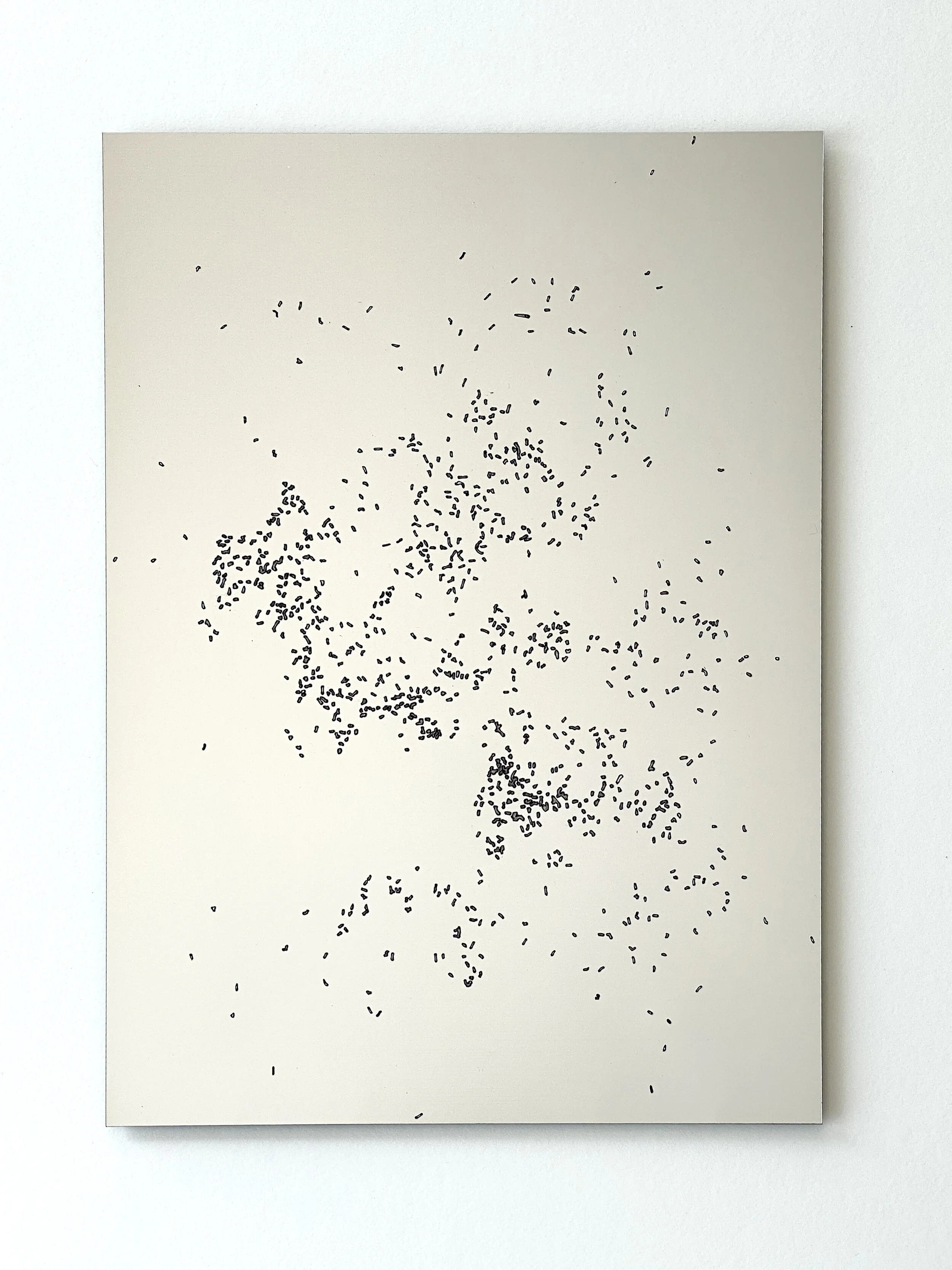 Vestigium Pulvis [Argenti], 2020 etched brushed aluminium laminate on black acrylic 1/5 each @ 297 x 420mm