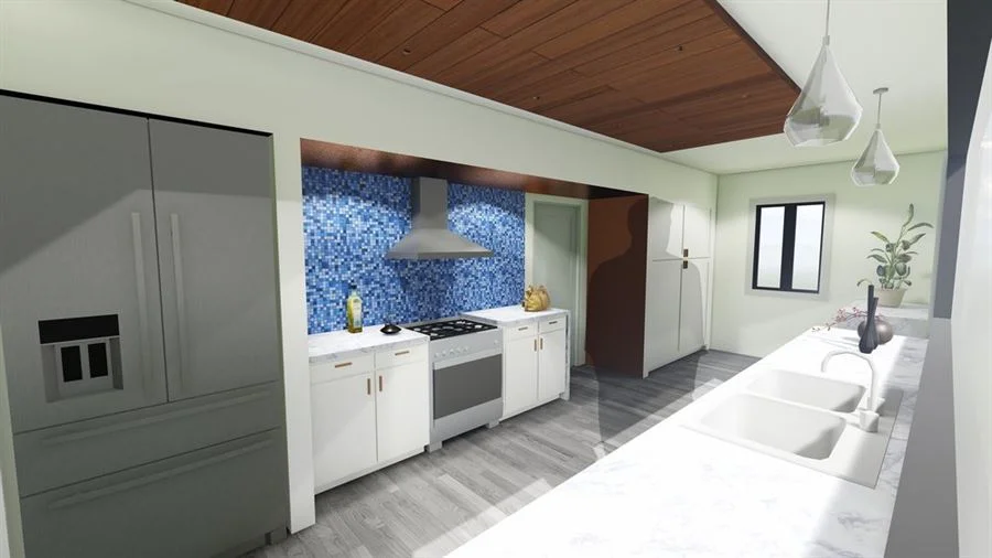 blue tiled backsplash and wood ceiling element