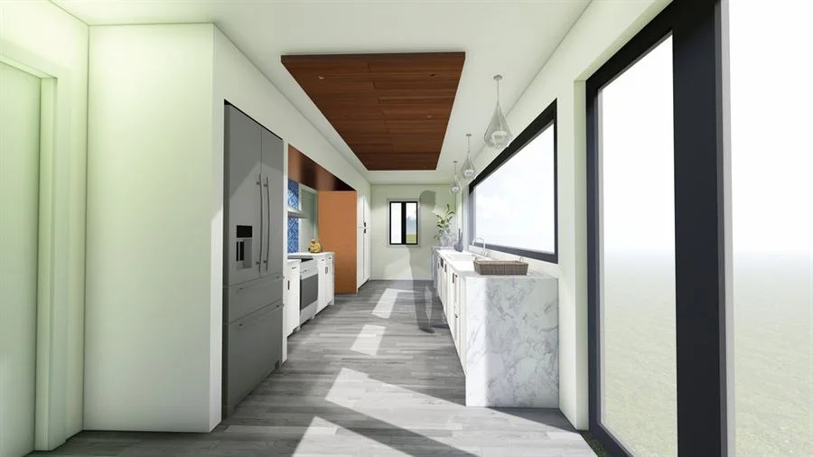 Rendering of White walls with black trim on windows and doors