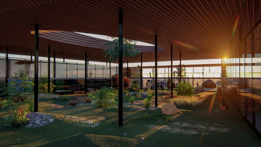 Lumion Rendering of main courtyard space with corrugated copper roofing