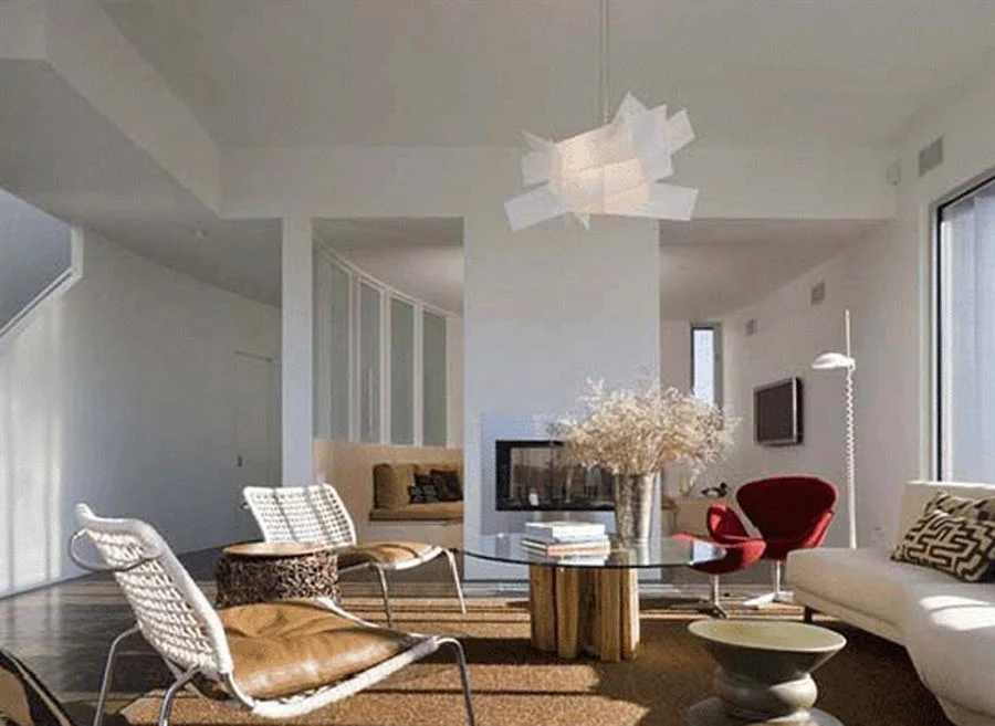 Modern interiors with overhead contemporary light fixture