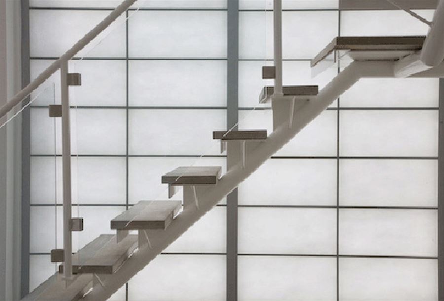 Back-lit stairs with wood treads and steel risers