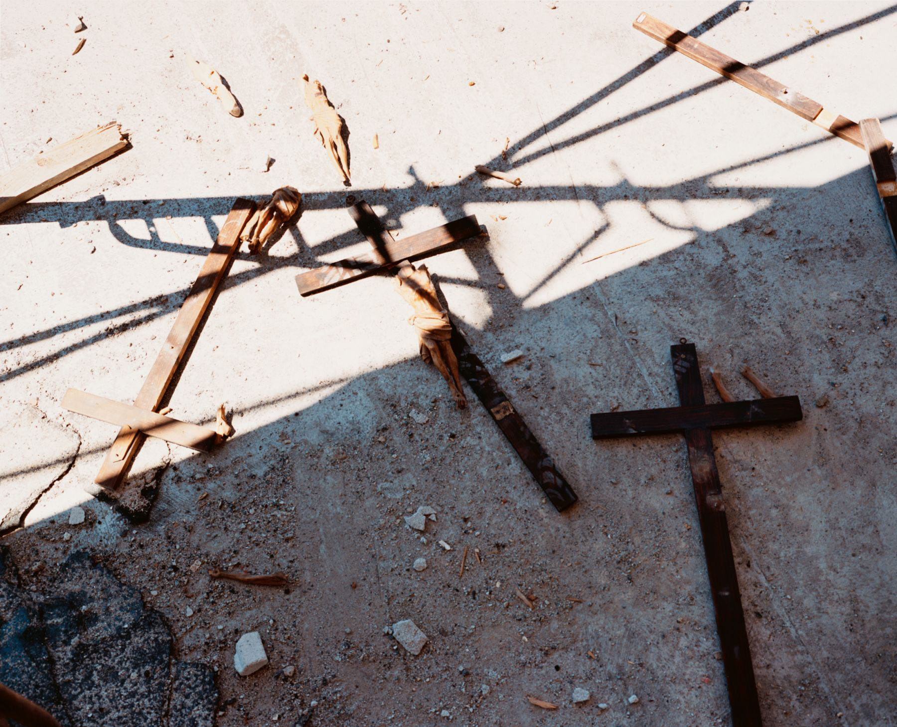 Crucifixes held by protestors during police raid on the Genoa Social Forum, 22 July 2001