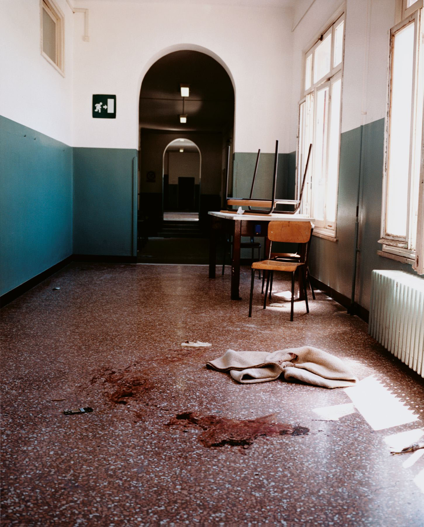 The fifth floor of the Armando Diaz School after a police raid, Genoa, 21 July 2001