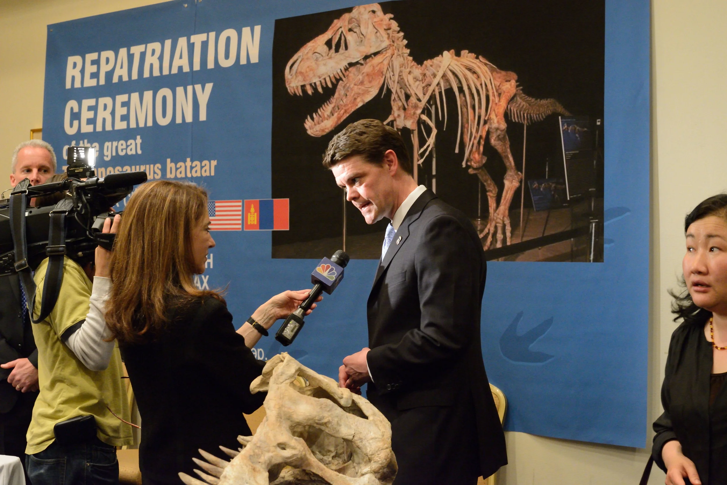Dinosaur Bones, United Nations Plaza Hotel, Manhattan At this ceremony the dinosaur bones, which had been illegally poached and marketed, were returned return to Mongolia by the US Department of Homeland Security. The 80 million year old bones had been delivered to the home of a commercial paleontologist, Eric Prokopi, by the United States Postal Service. He cleaned and assembled the remains and sold the skeleton at auction to a Manhattan real-estate investor wishing to make a show piece for an office building. The smuggled dinosaur, a Tarbosaurus bataar, was a top of the food chain predator probably preying on other dinosaurs. It now joins Genghis Khan, the brutal conqueror of a vast swathe of Asia and Eurasia as a national hero. The country, which was a Soviet satellite for much of the 20th Century is in the process of converting a museum dedicated to the Soviet leader Vladimir Lenin, the founder of a totalitarian dictatorship responsible for numerous deaths and repressions, into a dinosaur museum.