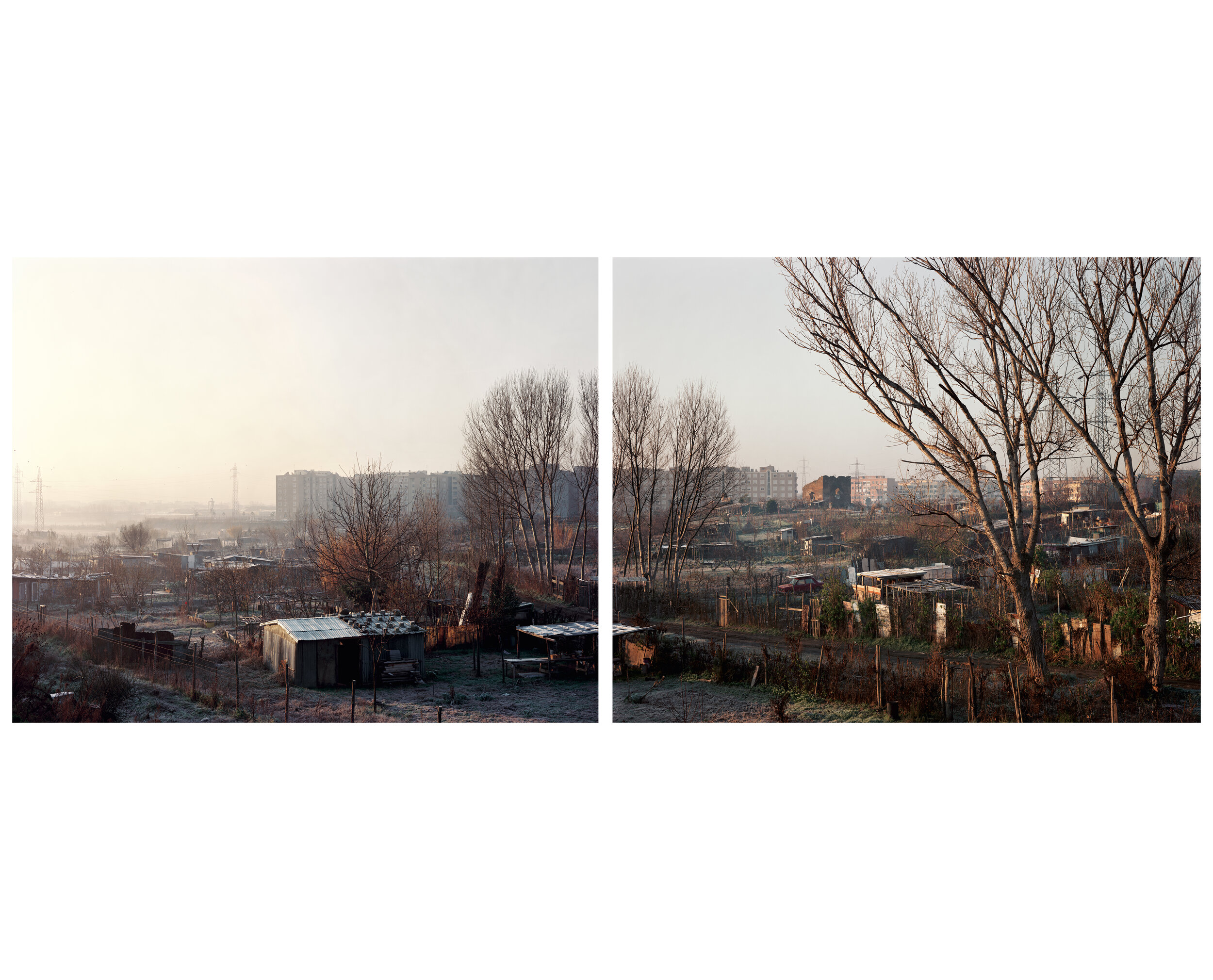 Landscape with apartments and a Roman ruin on a frosty morning, near Torre Spaccata, December 1989