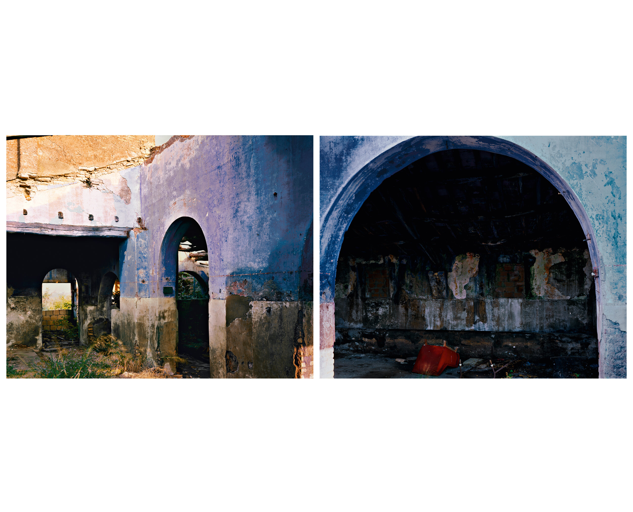 Interior of an abandoned farmhouse painted ward-off-the-evil-eye blue, Via Ardeatina, Rome, September 1990