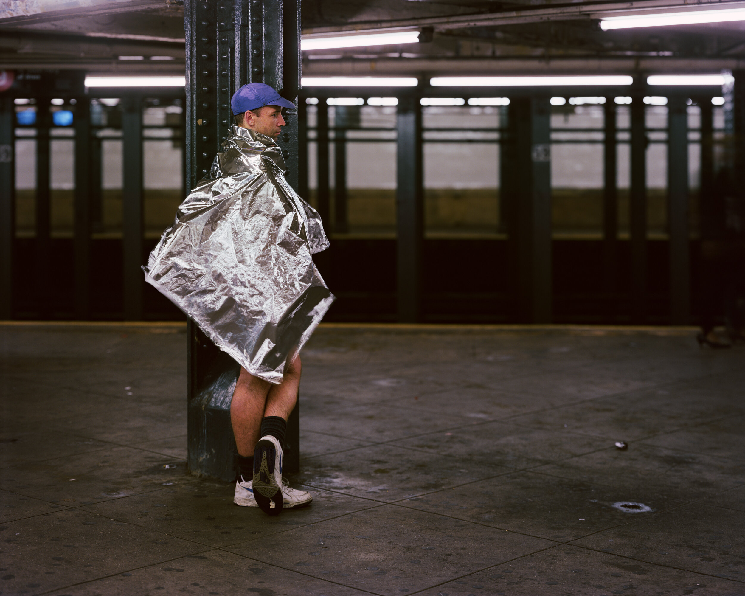 A man who has just completed the New York City Marathon, November 1989