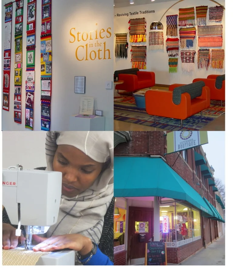 Top row: "Stories in Cloth" at the Textile Center of Minneapolis. "From Somalia to Minnesota--Reviving Textile Traditions" at the McKnight Foundation. Bottom row: Sewing classes at the Sisterhood of the Traveling Scarf in the Cedar Riverside neighborhood of Minneapolis, MN.