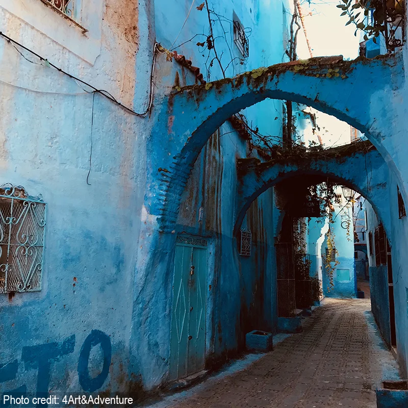 Chefchaouen, the Blue City. The first people to paint their homes light blue were the Jews, then the Arabs came along and added different shades of darker blue. Then the Spaniards came and left parts of their buildings the color of the earth, terra-cotta.