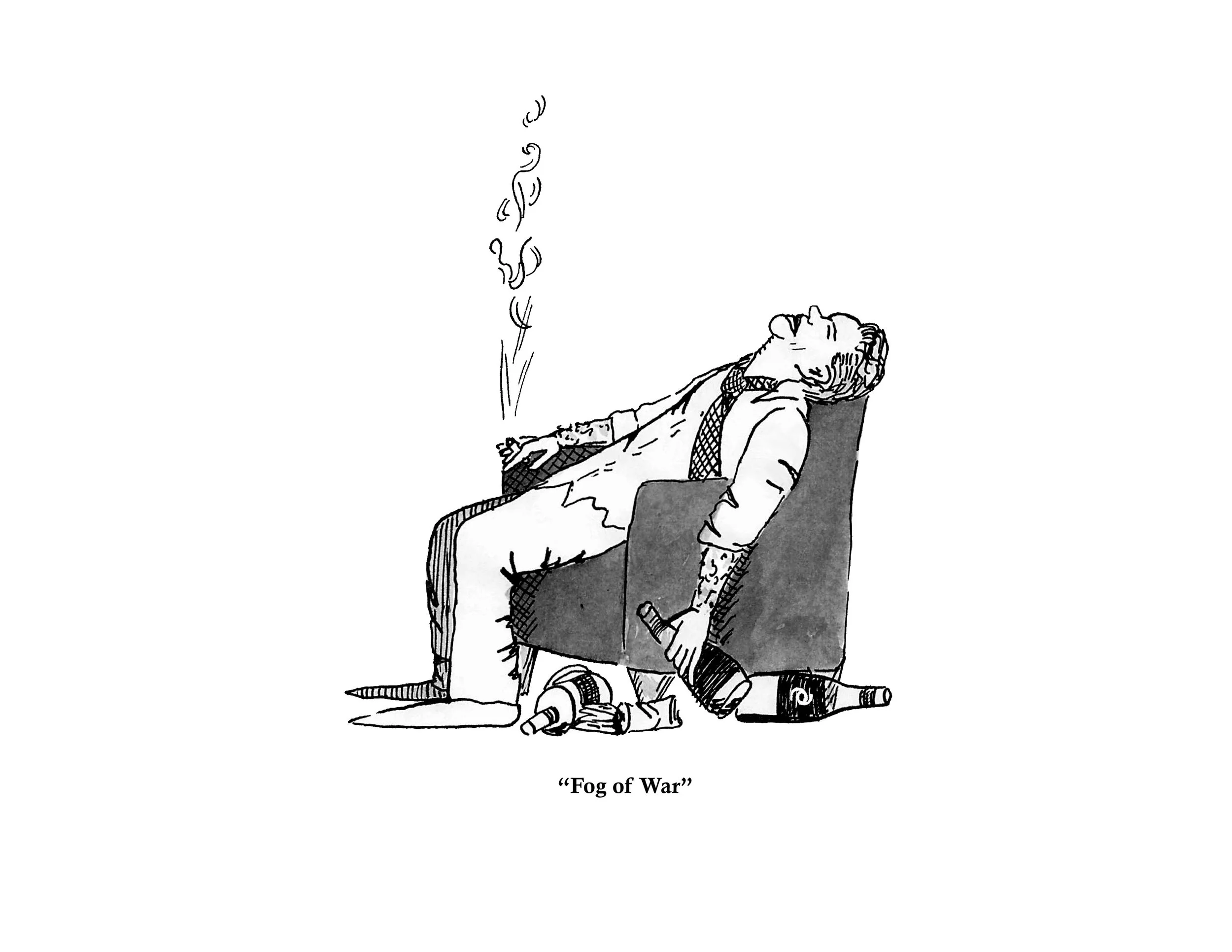 A black and white sketch of Pete Hegseth in a suit and tie leaning back in a chair, passed out drunk, with a lit cigarette in his hand. There are various empty bottles on the floor by the chair, and the caption below reads "Fog of War."