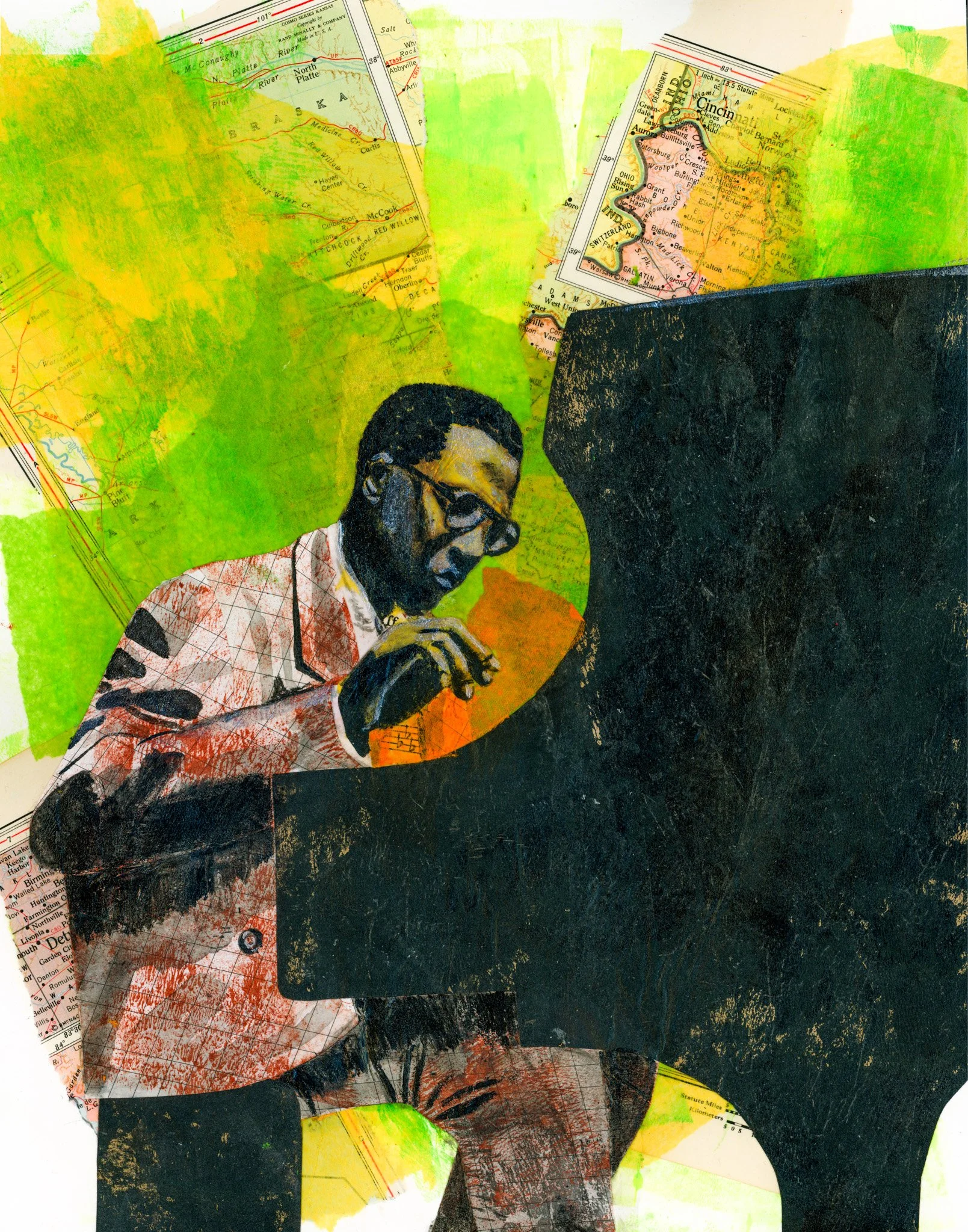 A collage of maps, an illustration of Thelonious Monk with glasses and a beard, sitting at a piano, layered on a background of yellow and green.