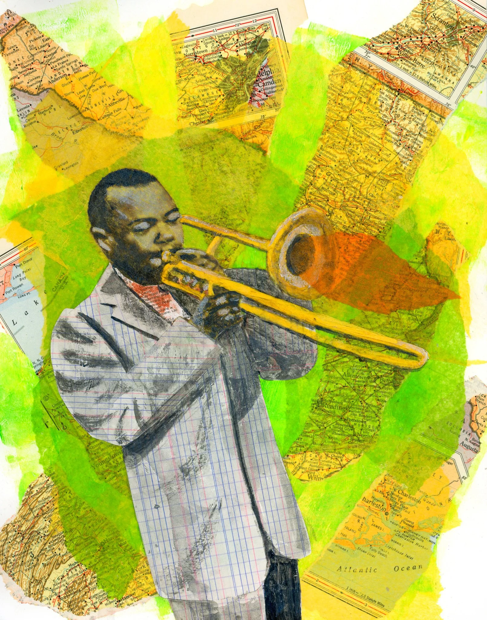 A collage featuring J.J. Johnson playing the trombone, cut-out map pieces of various regions, and painted green and yellow background.