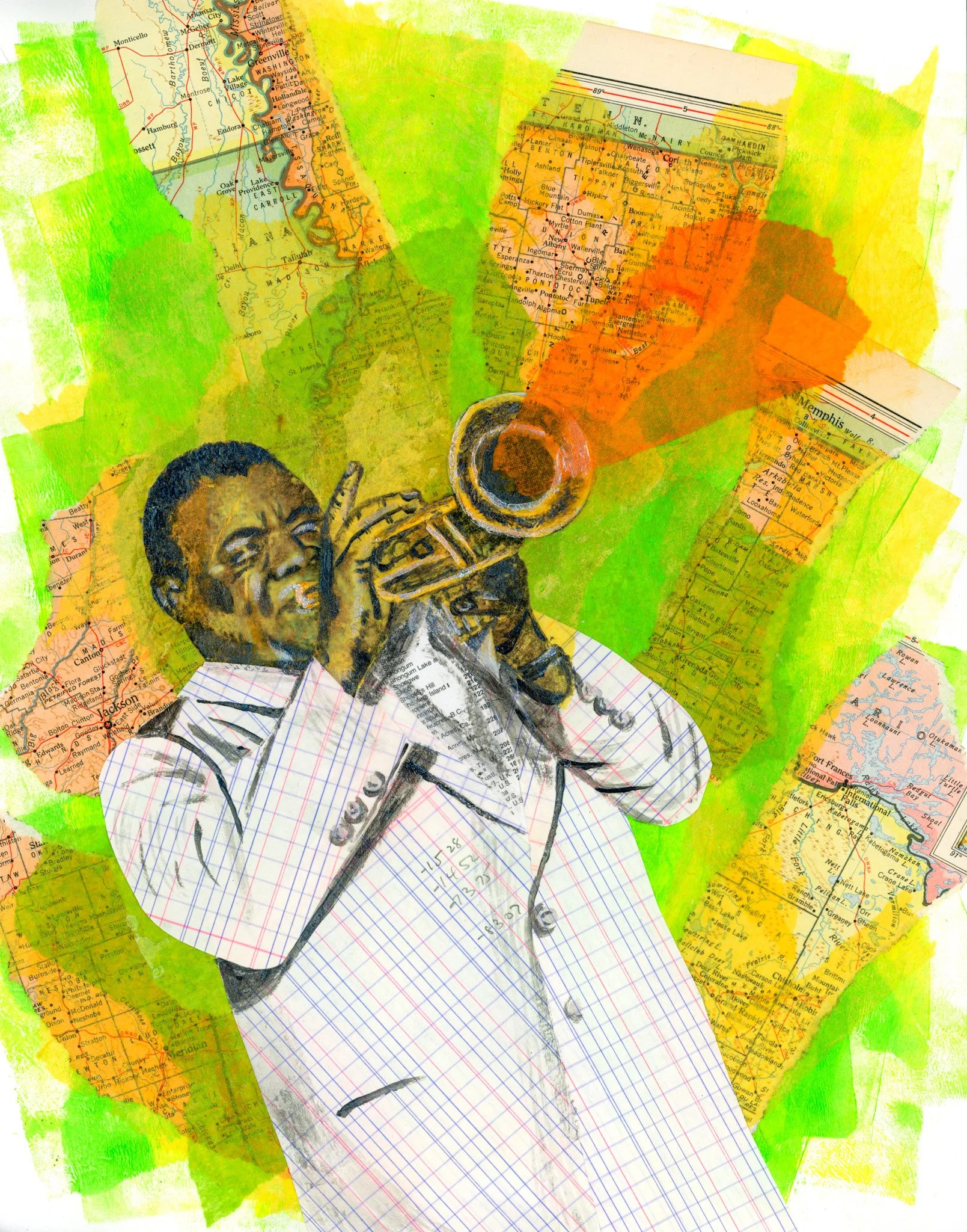 A collage of maps, a drawing of jazz musician Louis Armstrong playing the trumpet, and painted green and yellow background.
