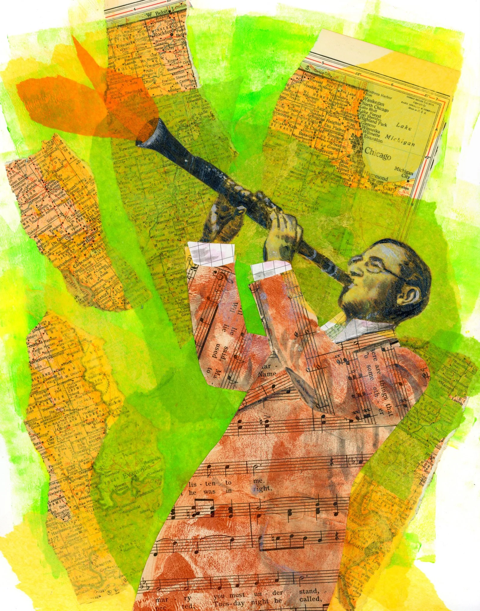 A collage of various layered images including parts of a map, the image of Benny Goodman with brown sheet music for his suit, situated on a bright green, yellow, orange background.