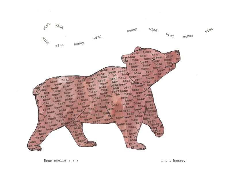 cut paper collage illustration of a bear with a brown body and darker outline, filled with repeated 'bear' text. The bear is walking. The background is white with scattered 'wind' and 'honey' words above. Text reads, 'Bear smells ... honey.'
