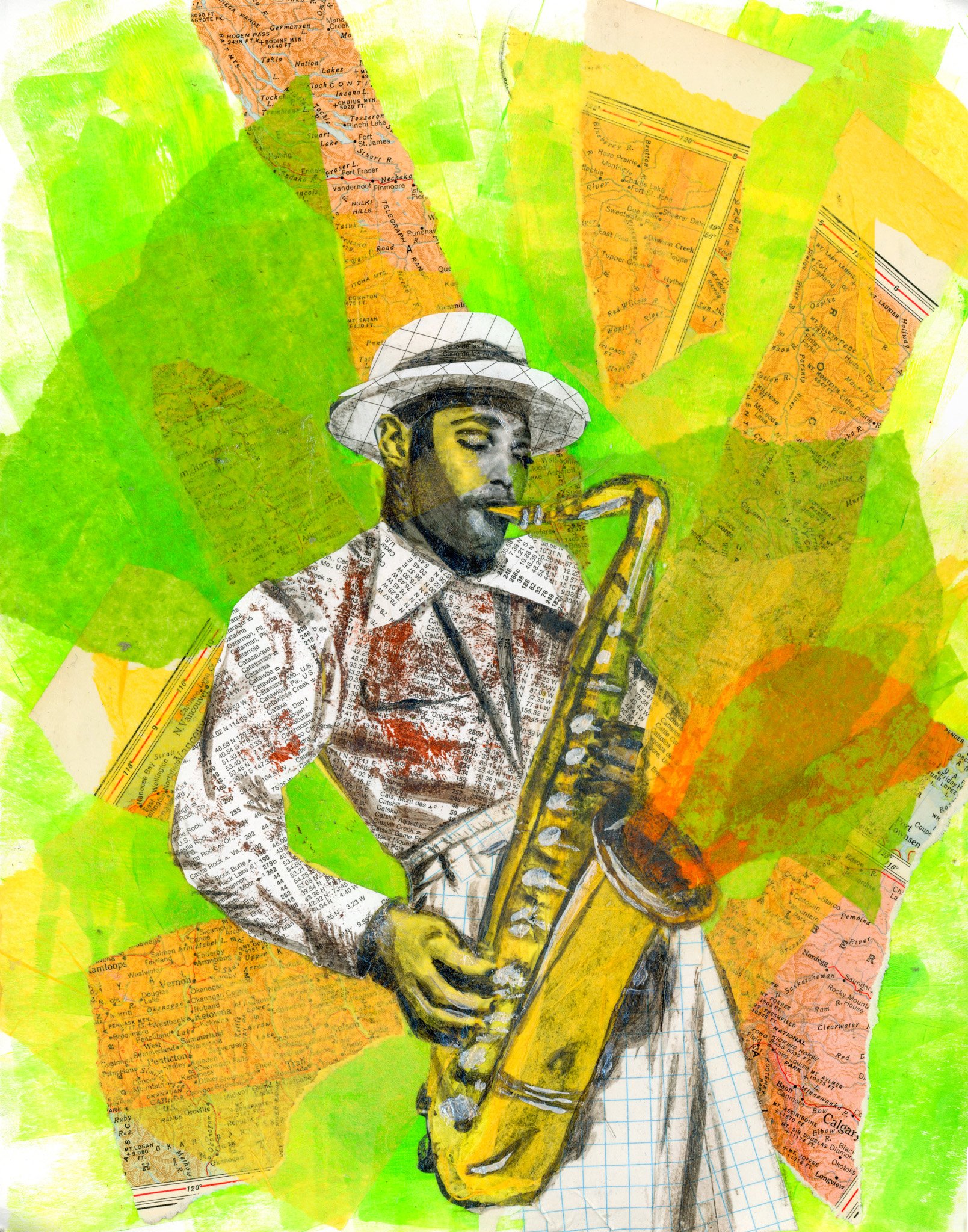 A collage combining a black and white drawing of Dexter Gordon playing a saxophone, overlaid with cutout maps and painted green and yellow background.