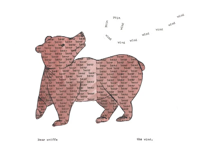 Illustration of a bear silhouette filled with the word 'bear' repeated, smelling the wind. The wind is made up of the word "wind."