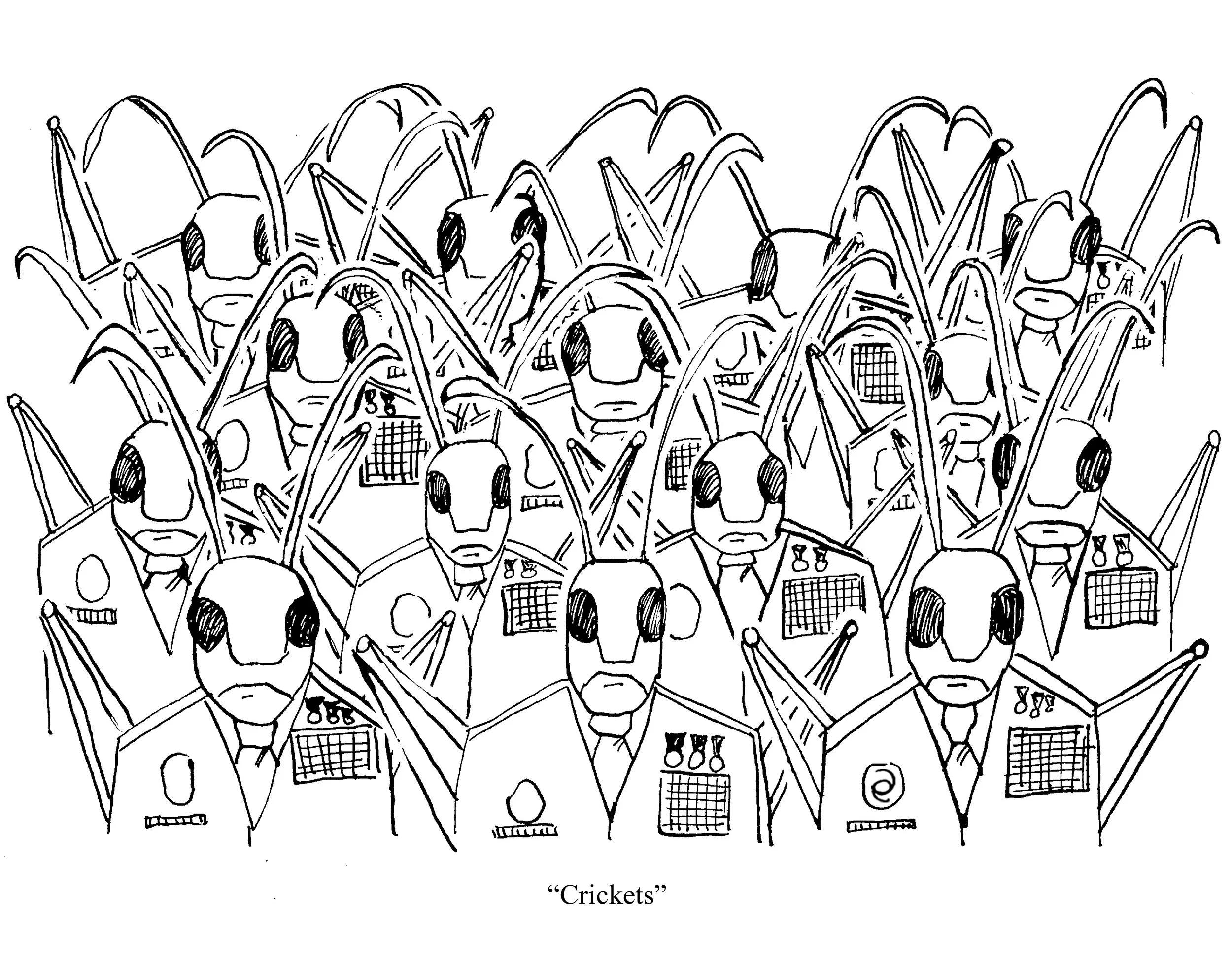 A black and white cartoon of crickets in rows. The crickets are generals with rank insignias on their clothes. The seating arrangement mimics the meeting called by Pete Hegseth where the generals did not clap. The word 'Crickets' is written below.