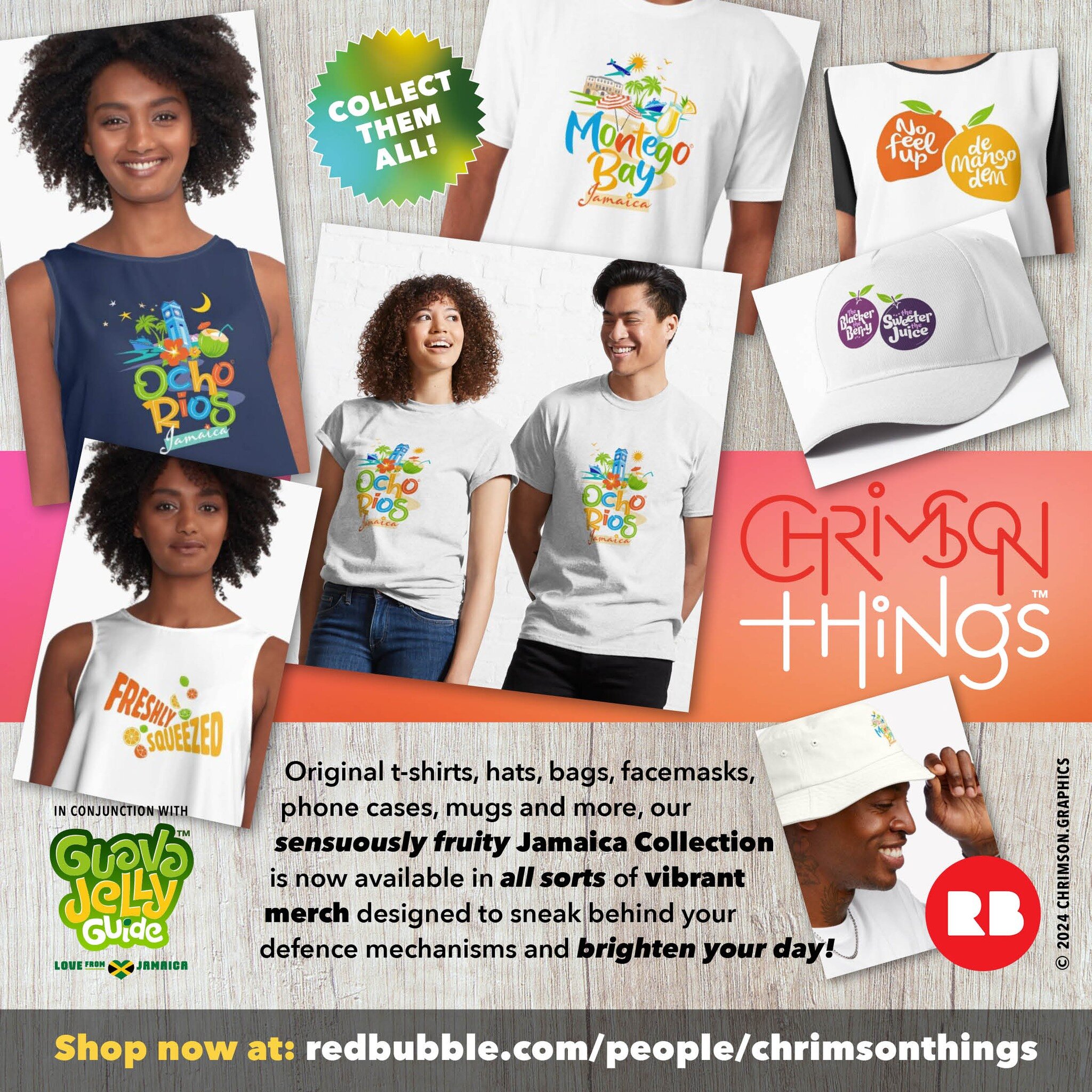 Original t-shirts, hats, bags, facemasks, phone cases, mugs and more, our sensuously fruity Jamaica Collection is now available in all sorts of vibrant
merch designed to sneak behind your defence mechanisms and brighten your day!

https://www.redbubb