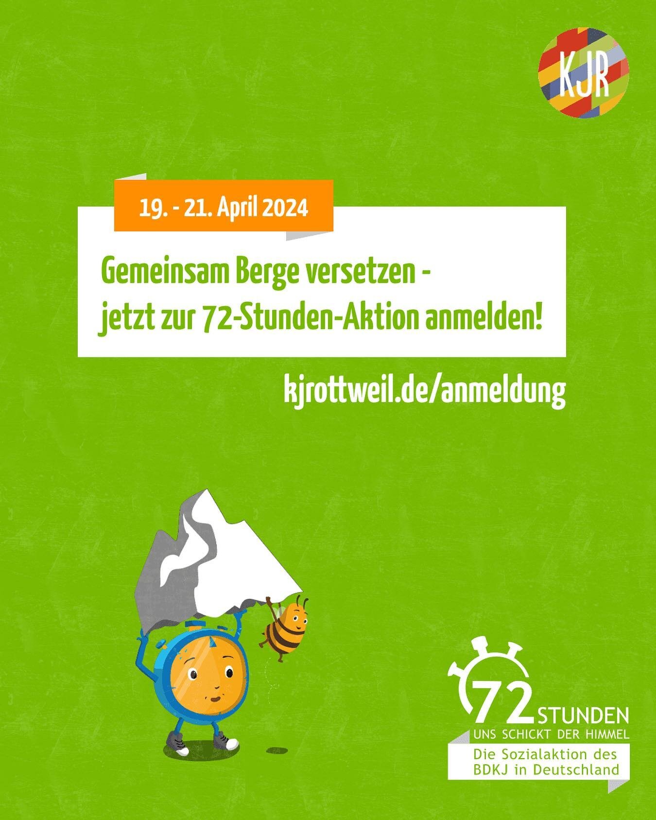 Dieses Jahr findet erneut die 72h-Aktion statt - und wir als KJR sind auch dabei!😍

Gemeinsam mit den Minis der Gemeinden Auferstehung Christi und Heilig Kreuz wollen wir gemeinsam vom 19.-21. April zwei Projekte angehen und gemeinsam Berge versetze