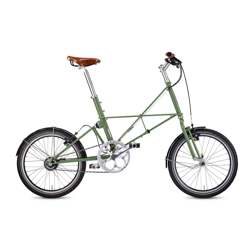 A green folding bicycle with a brown leather saddle and black tires.