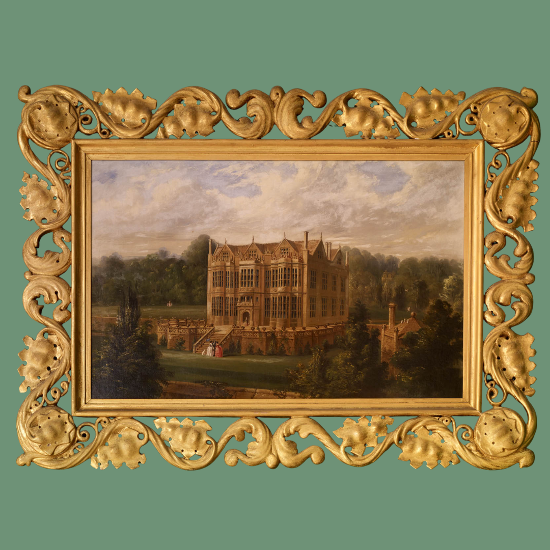 A photograph of a marble bust of a man's profile, framed in an ornate gold frame, against a plain green background.