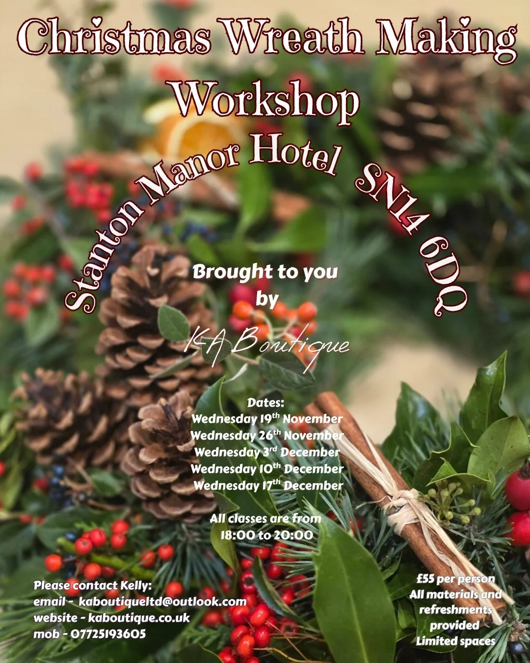 Come and participate in our delightful wreath-making workshop.  Unleash your creativity and join us for a fun and festive experience!
#WreathMaking #CraftWorkshop #CreativeFun #FestiveActivities  #HandmadeHappiness #SeasonalCrafts #StantonManor
