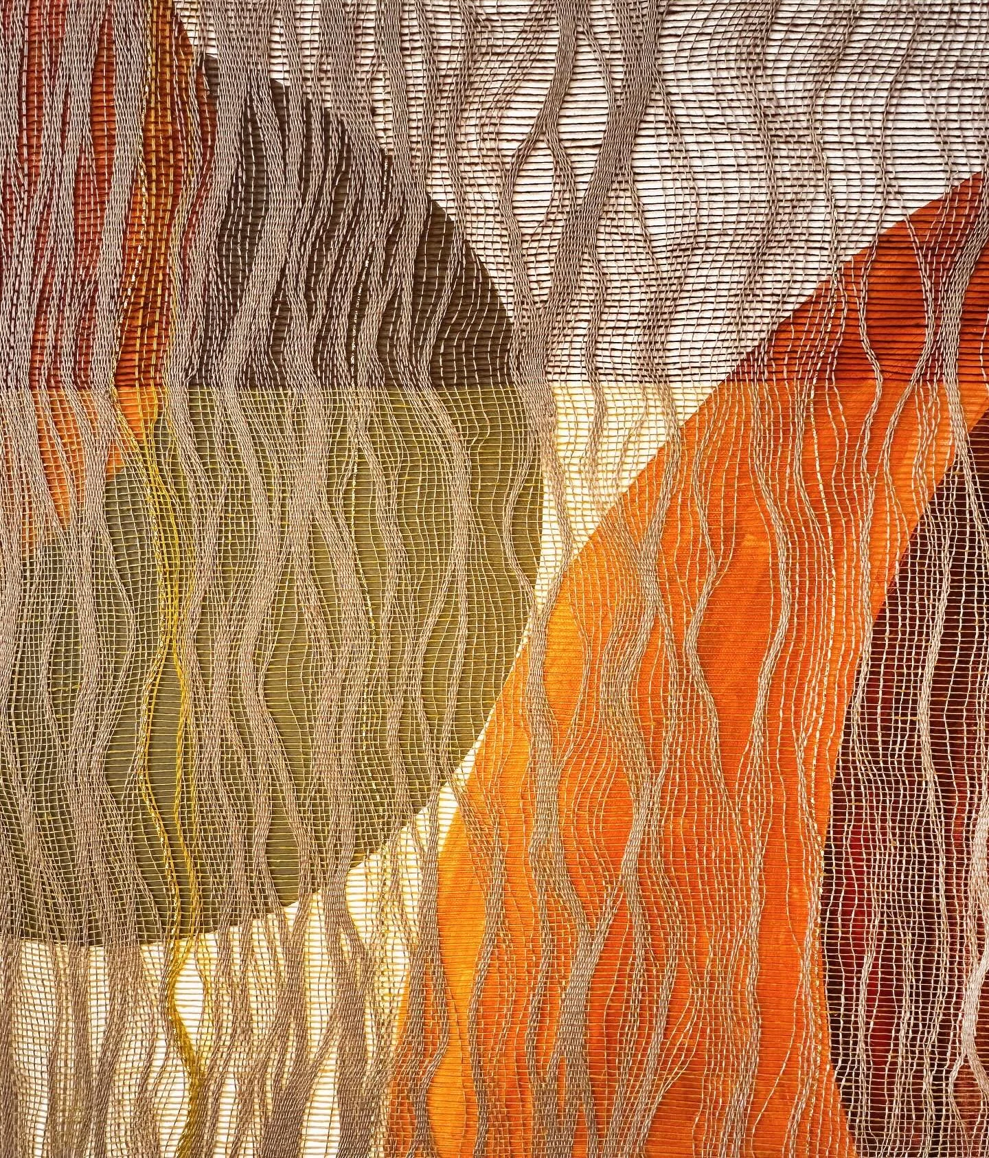Arriving at this color harmony took me a long time. What appears to be green I actually painted in specific tones of gray that, when interacting with the woven fibers of browns and oranges overlayed on them, become what the eye perceives as green. 
C