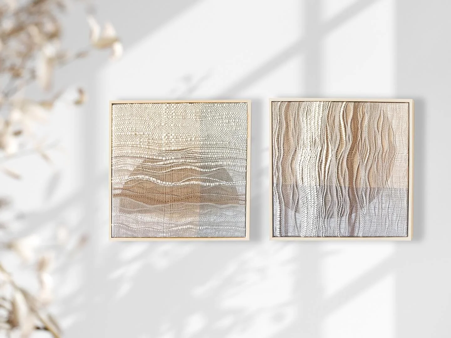 Two new pieces - Luminance 1&amp;2
A neutral symphony of textures ✨

17&rdquo;x17&rdquo; each
Handwoven wool, linen, metallic fibers over acrylic painted canvas.