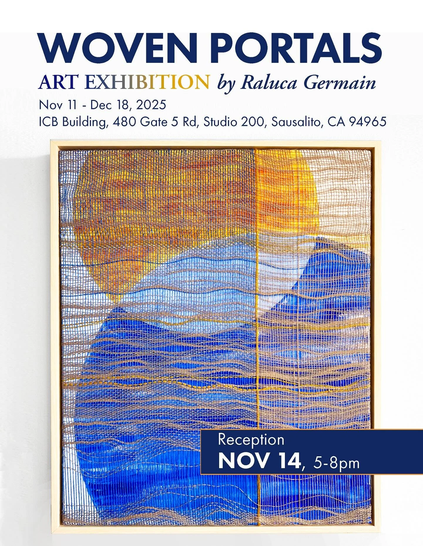 I&rsquo;m thrilled to announce my new art exhibition WOVEN PORTALS opens today at the ICB Building in Sausalito.
I&rsquo;ll be showing a selection of my woven works in Studio 200 through December 18.
✨Join me (open to all!) for the reception on Novem