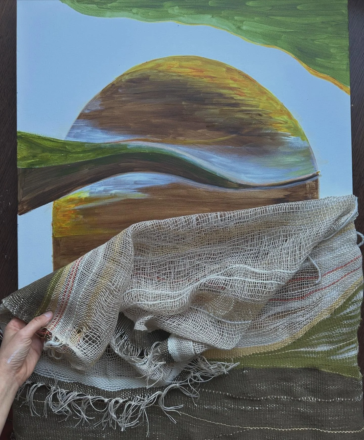 Behind this piece, and most of my handweavings, there is a painting. I love combining these two mediums to bring depth and create a veil that invites the viewer to look deeper, beyond the illusion of our mind formed reality, to question what we see a