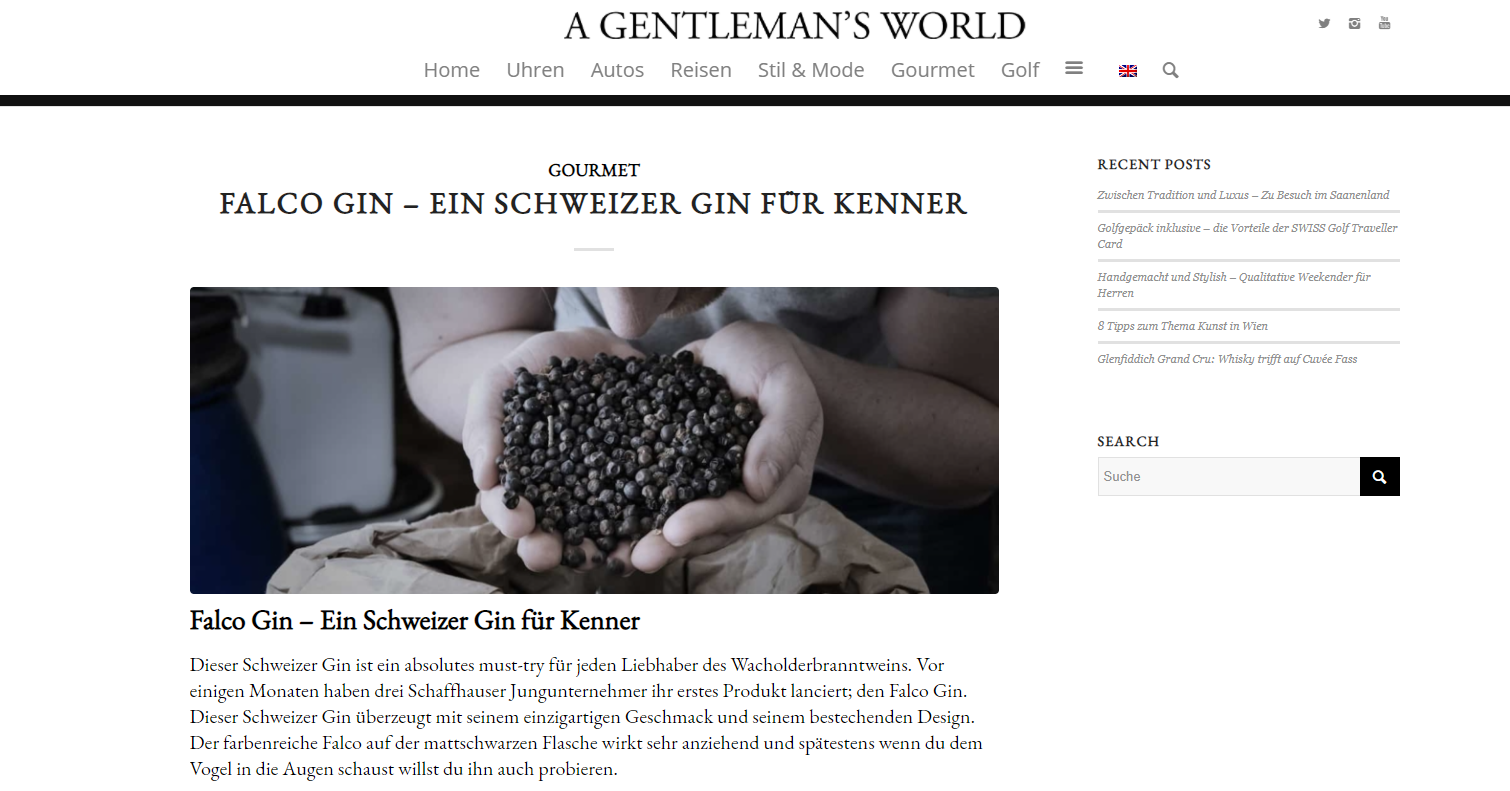 Gentleman's World: "FALCO GIN ist der Schweizer Gin für Kenner"