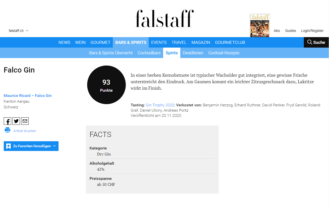 Gin Trophy 2020 by Falstaff: FALCO GIN receives high score