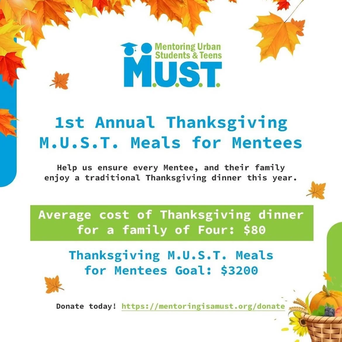 Donate Today!!!! Link in Bio
&bull; &bull; &bull;
Repost from @mentoringisamust
&bull; &bull; &bull;
M.U.S.T.&rsquo;s First Annual Thanksgiving Meals for Mentees

Donate today!
https://mentoringisamust.org/donate (Link in Profile)

For more details, 
