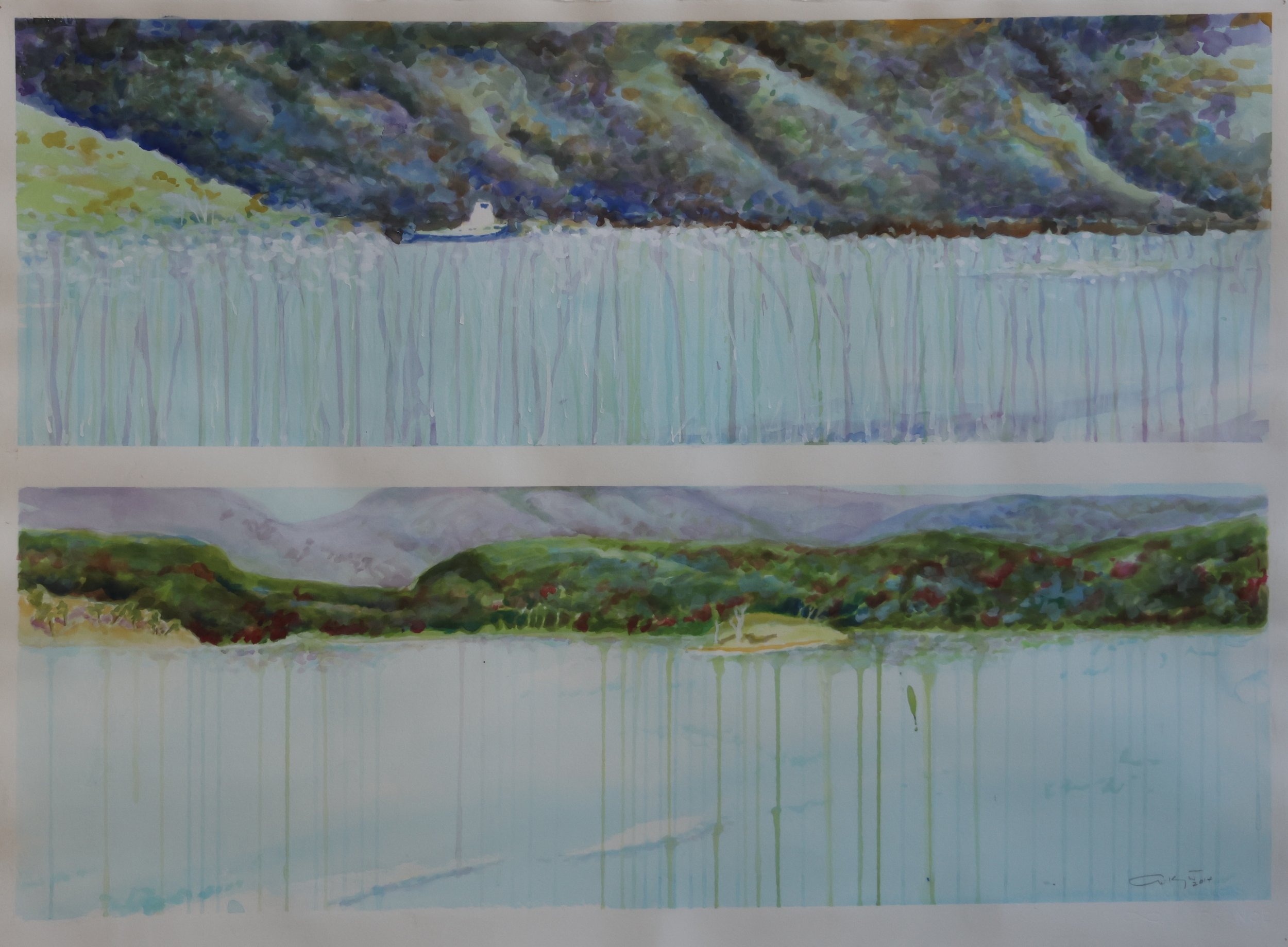 'Huon River', 2014, gouache on paper, 80 x 61 cm (framed) — $700