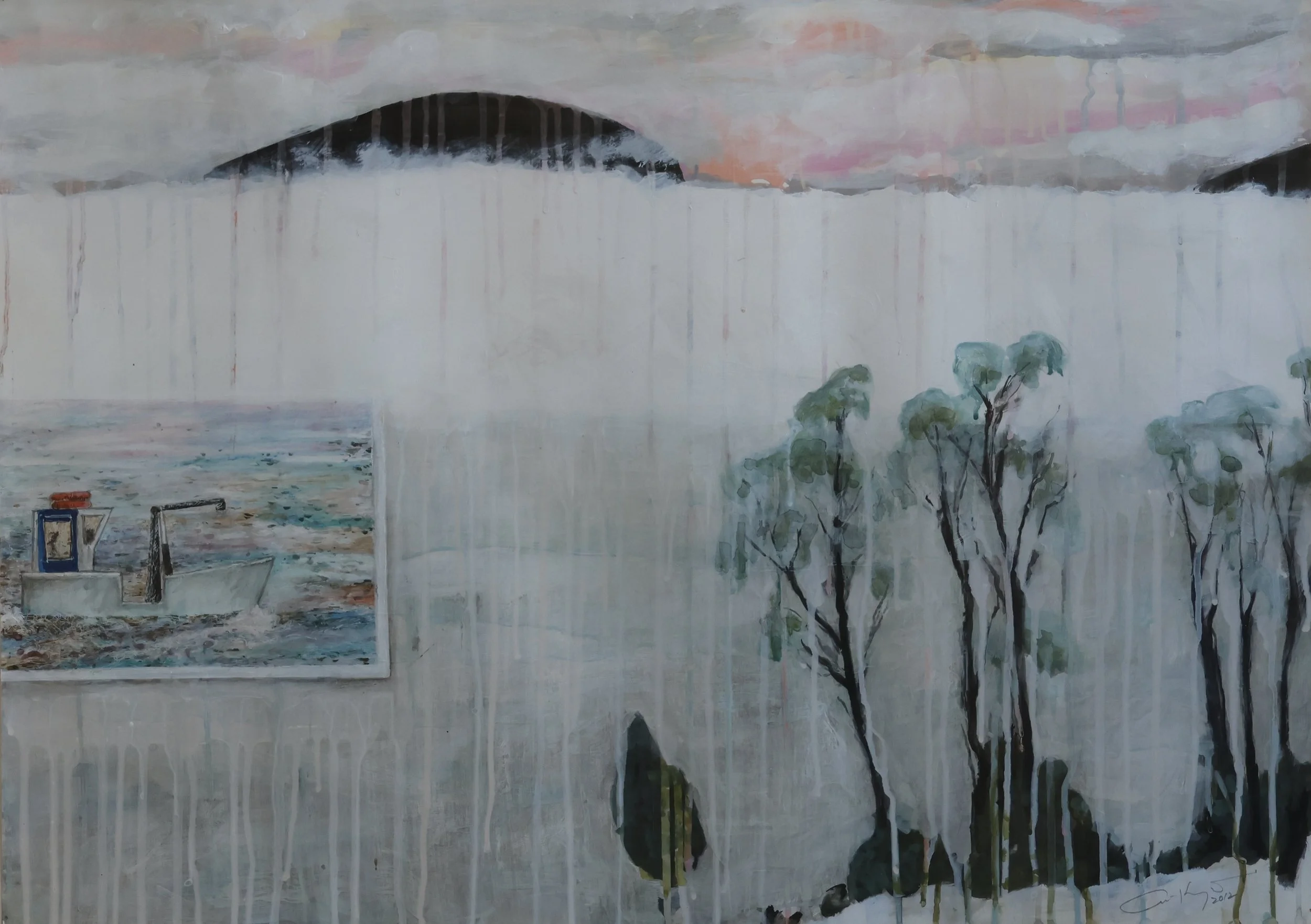 'Morning Mist – Huon River', 2012, gouache on paper, 50 x 70 cm (framed) — $600