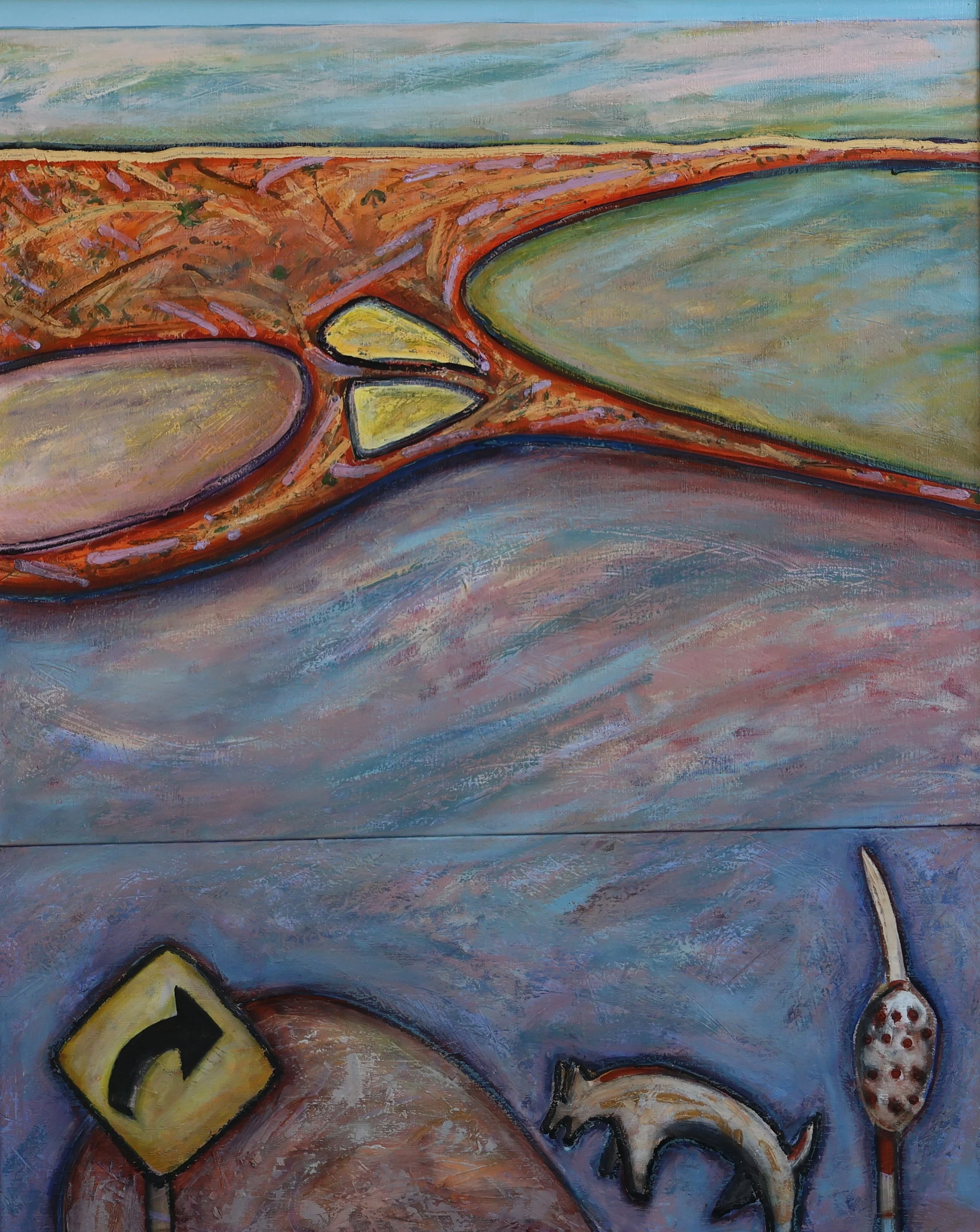 'Lake Eyre Totems', 1990, oil and paint stick on canvas, 93 x 116 cm (framed) — $1,000