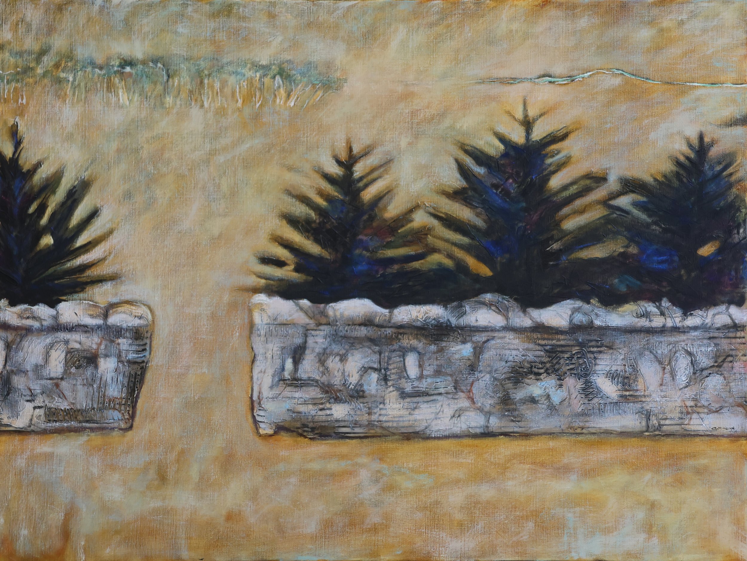 'Dry Stone Wall & Cypresses', 2004, acrylic and oil on canvas, 122 x 91 cm (framed) — $1,200