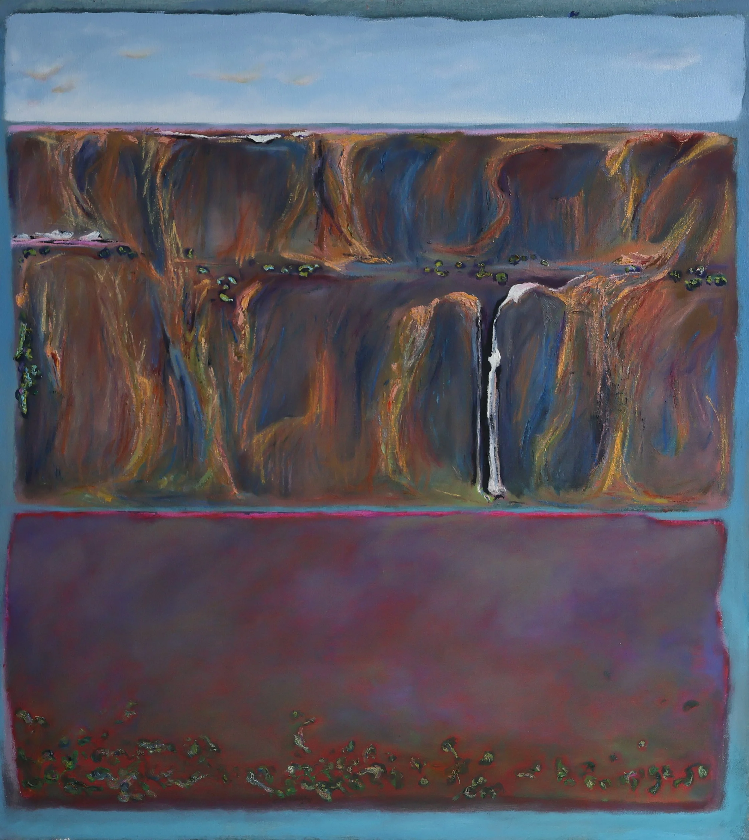 'Arnhem Land Escarpment (Blue Grey Mauve)', 2001, oil on cotton, 101.5 x 91 cm — $900