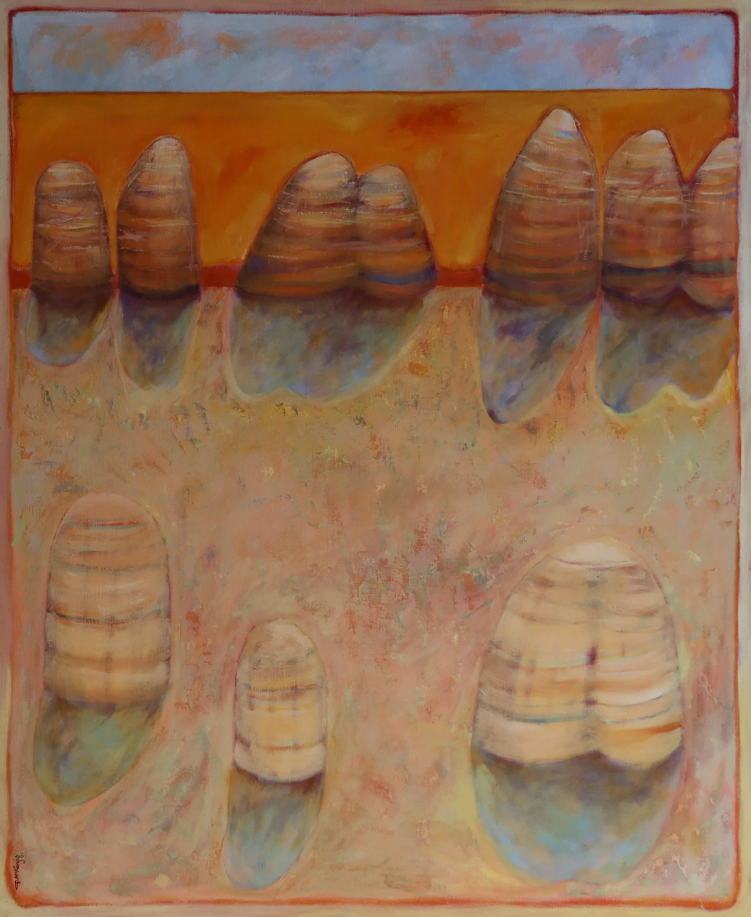 'Bungle Bungles (Pink Clouds on Orange)', 2001, oil on canvas, 110.5 x 91 cm — $900