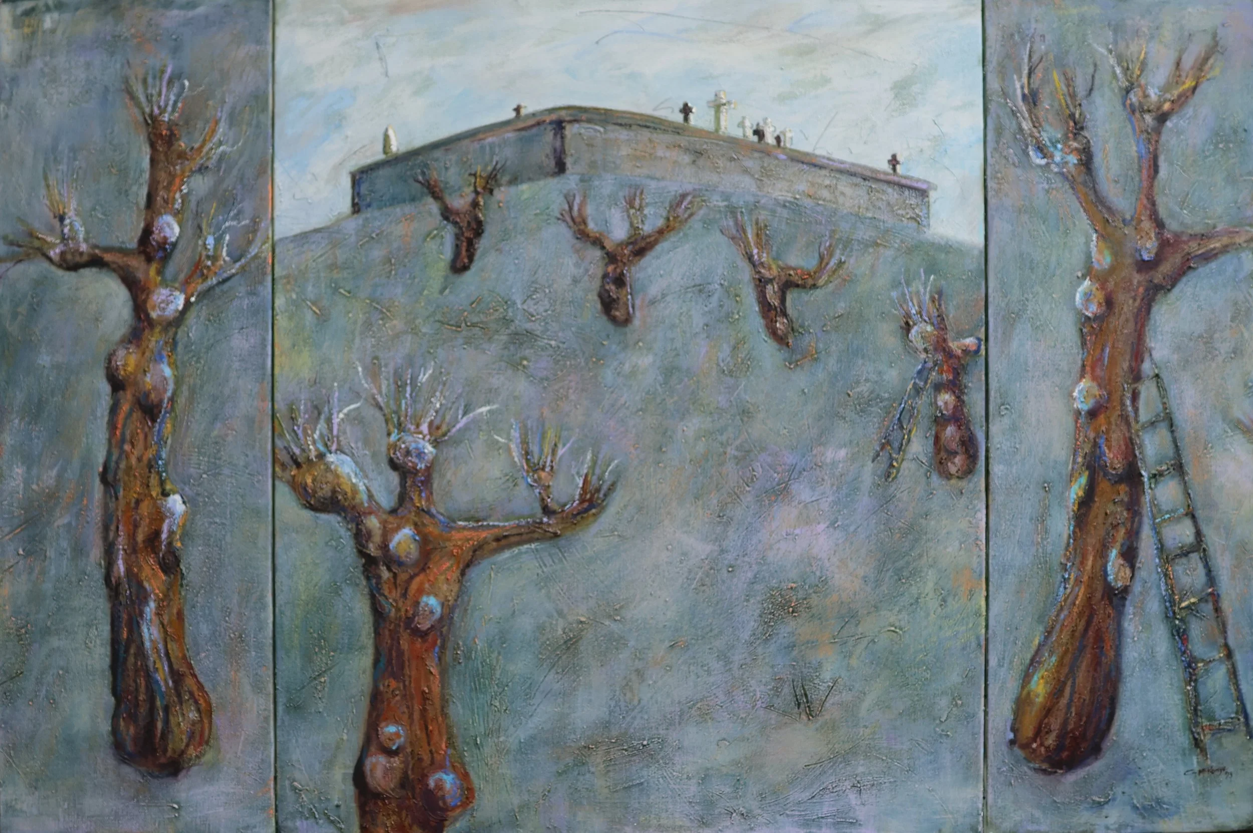 'Pollarded Trees / Rennes', 1993, oil on canvas, 95 x 140.5 cm (framed) — $1,200