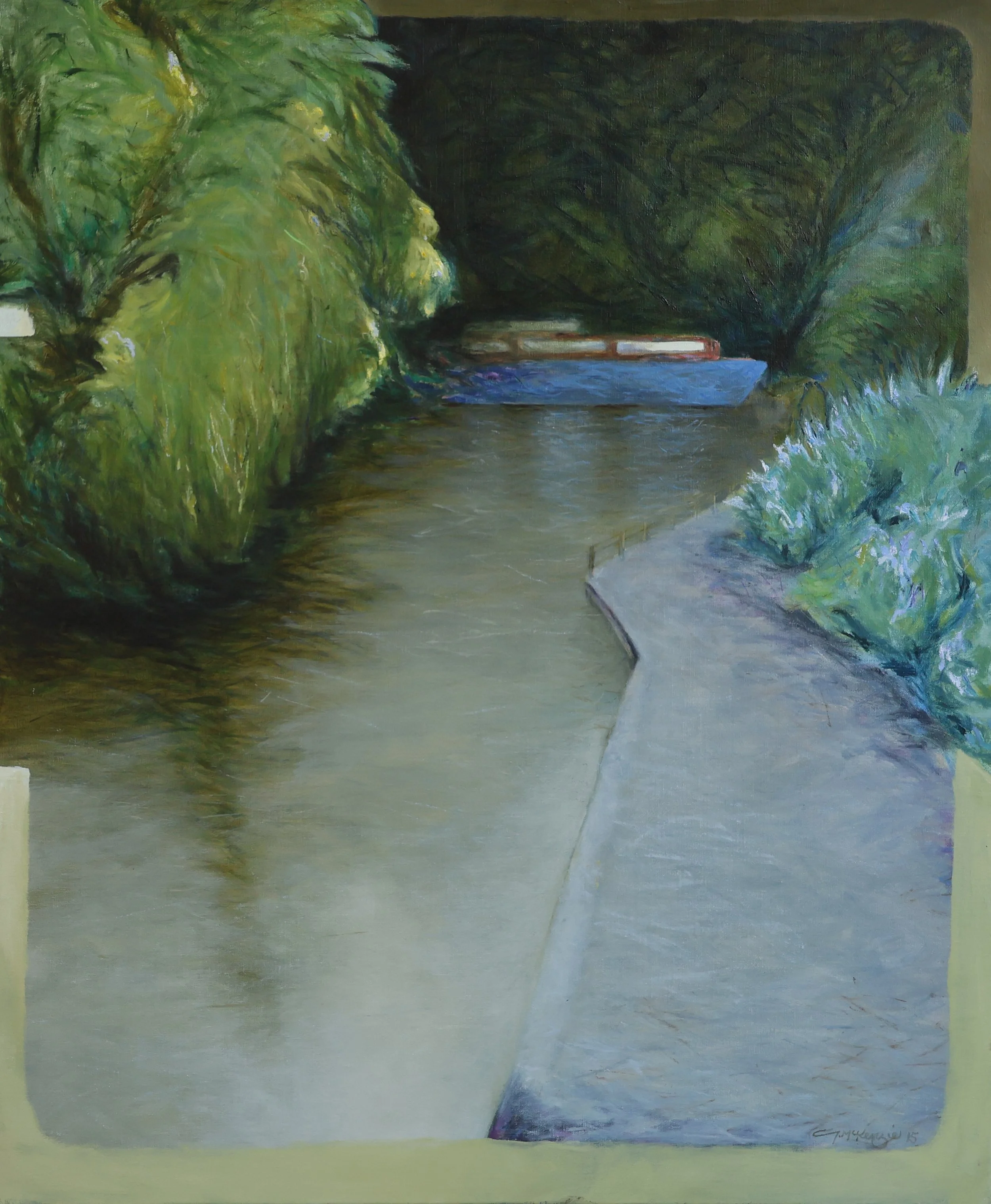 'Blue Barge Regents Canal', 2015, oil on canvas, 87 x 105 cm (framed) — $1,000