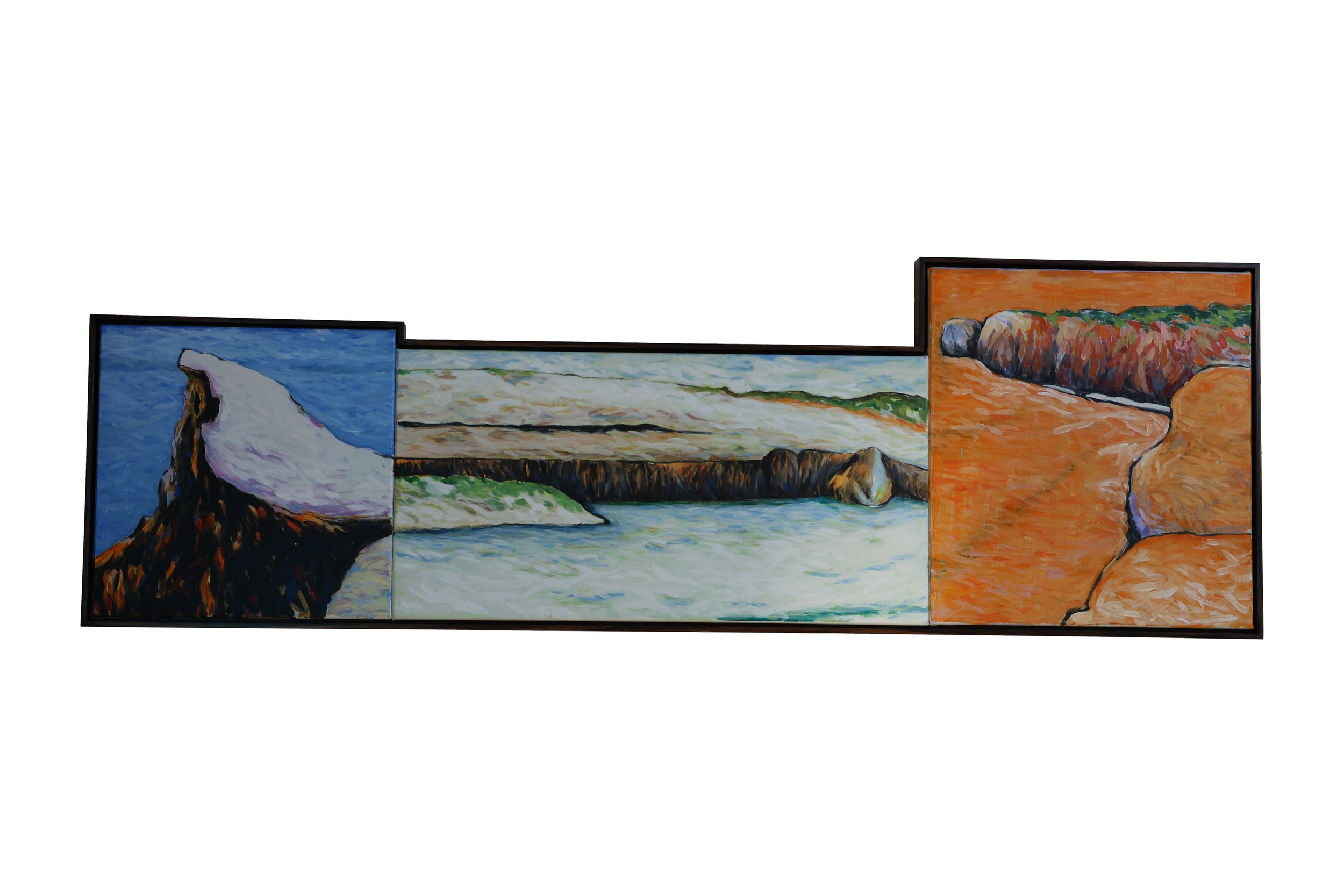 'From the Coast Road', 2018, oil on canvas panels, 55 x 166 cm (framed) — $1,500